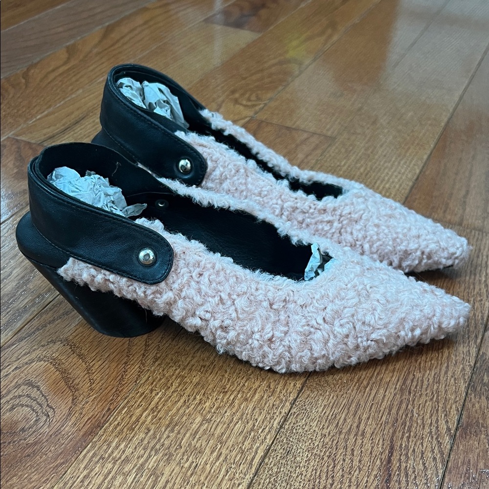 Shellys London Pink Textured Heels with Black Strap